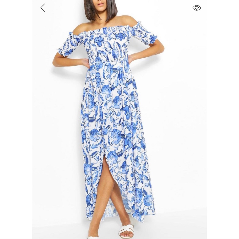 Floral shirred off shoulder maxi dress